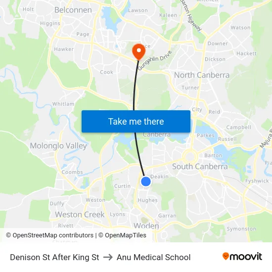 Denison St After King St to Anu Medical School map