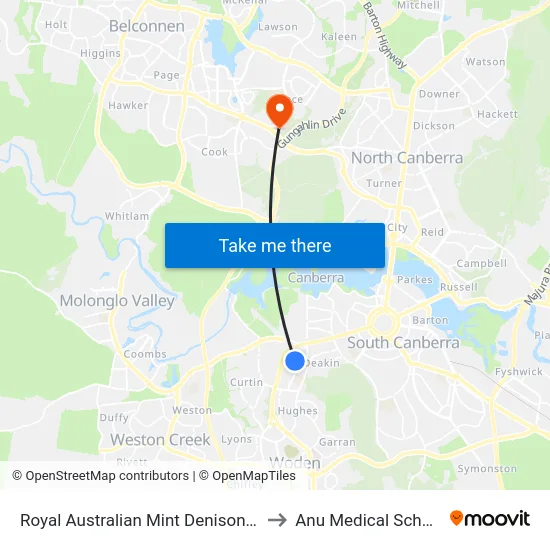 Royal Australian Mint Denison St to Anu Medical School map