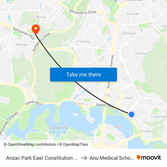 Anzac Park East Constitution Av to Anu Medical School map