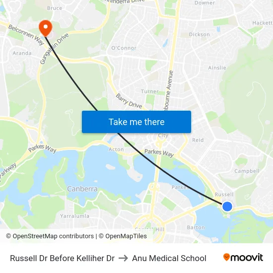 Russell Dr Before Kelliher Dr to Anu Medical School map