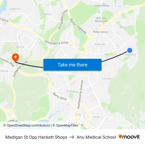Madigan St Opp Hackett Shops to Anu Medical School map