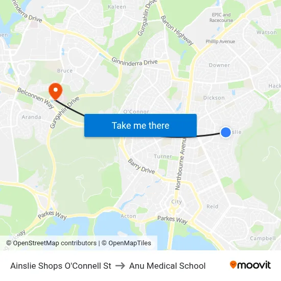 Ainslie Shops O'Connell St to Anu Medical School map
