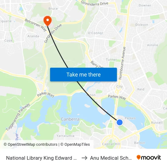 National Library King Edward Tce to Anu Medical School map