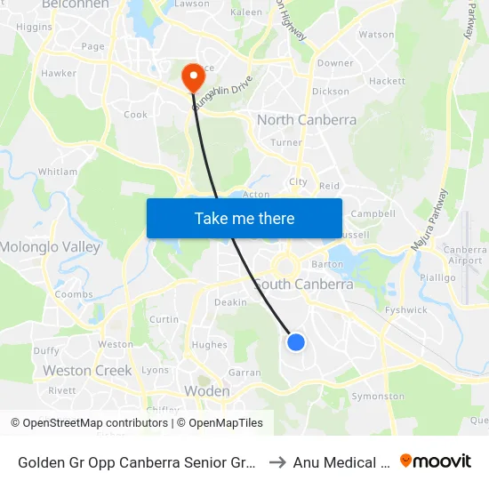 Golden Gr Opp Canberra Senior Grammar School to Anu Medical School map