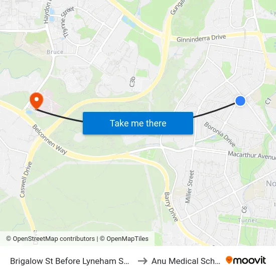 Brigalow St Before Lyneham Shops to Anu Medical School map