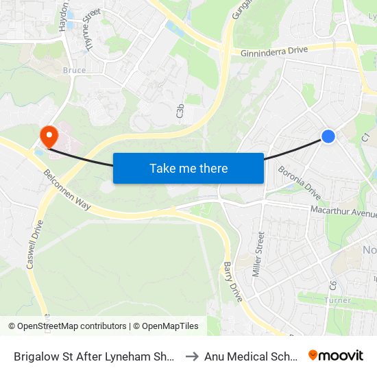 Brigalow St After Lyneham Shops to Anu Medical School map
