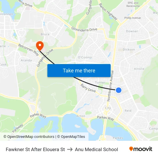 Fawkner St After Elouera St to Anu Medical School map