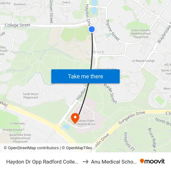 Haydon Dr Opp Radford College to Anu Medical School map