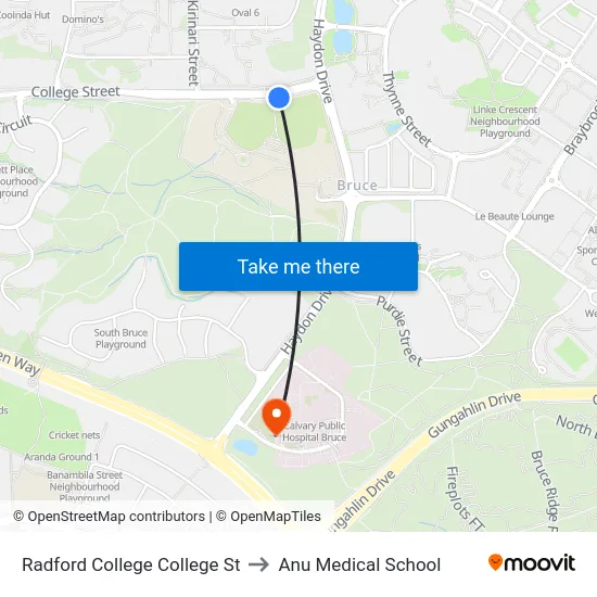 Radford College College St to Anu Medical School map