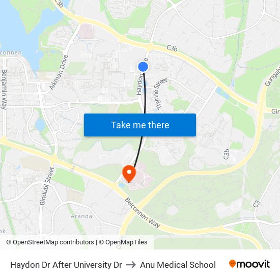 Haydon Dr After University Dr to Anu Medical School map