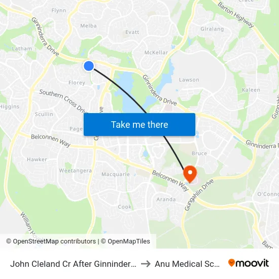 John Cleland Cr After Ginninderra Dr to Anu Medical School map
