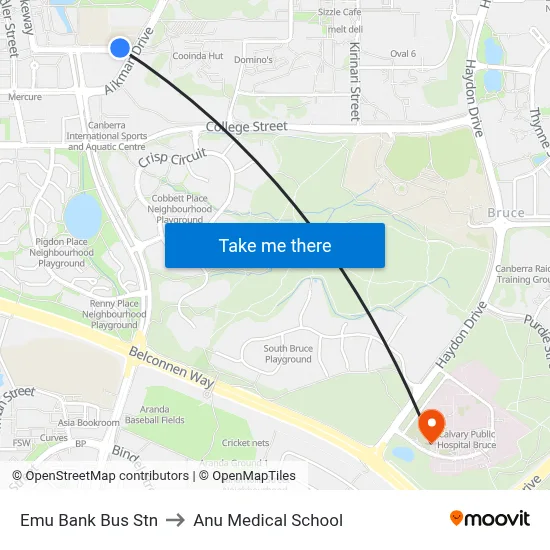 Emu Bank Bus Stn to Anu Medical School map
