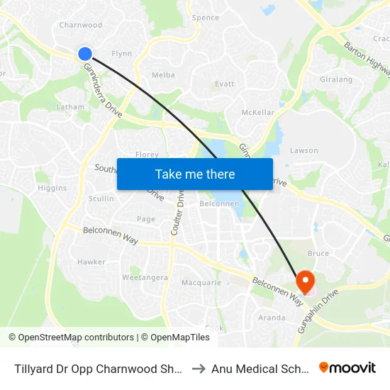 Tillyard Dr Opp Charnwood Shops to Anu Medical School map