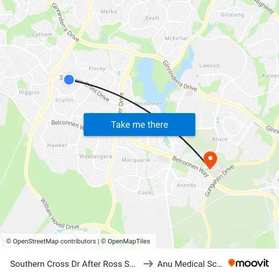 Southern Cross Dr After Ross Smith Cr to Anu Medical School map