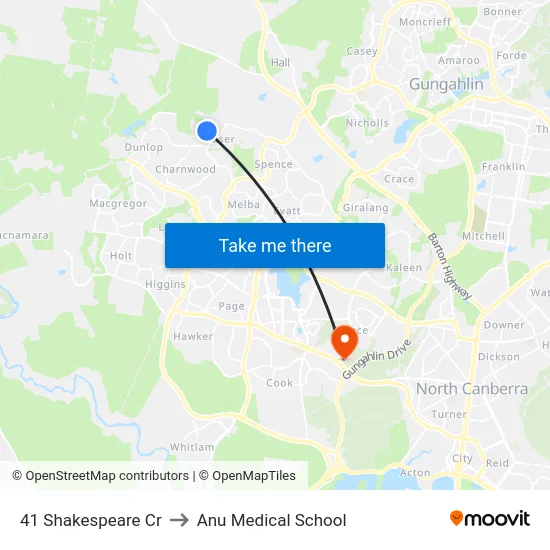 41 Shakespeare Cr to Anu Medical School map