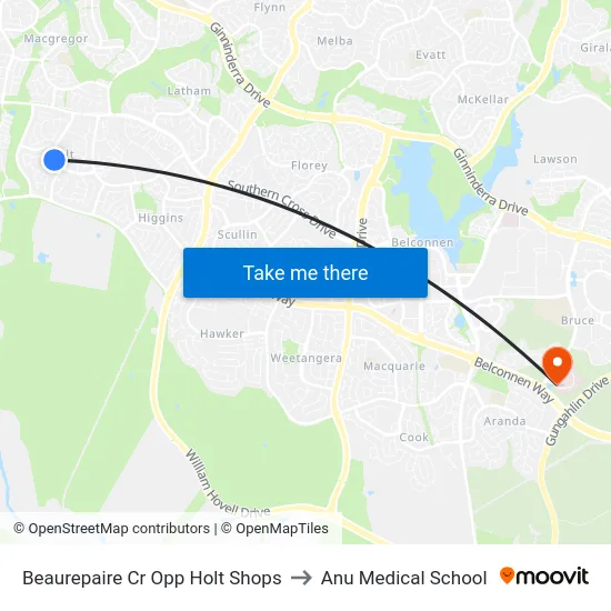 Beaurepaire Cr Opp Holt Shops to Anu Medical School map