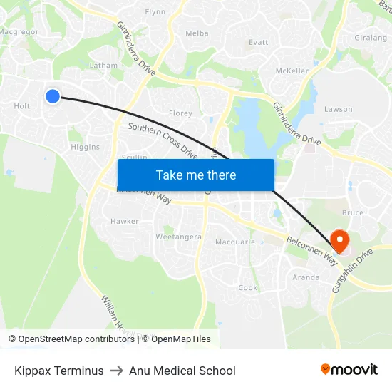 Kippax Terminus to Anu Medical School map