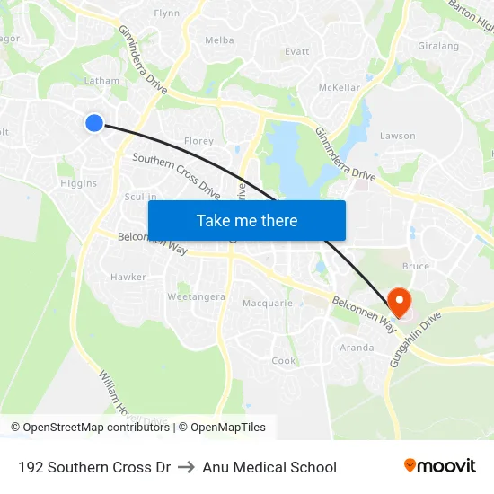 192 Southern Cross Dr to Anu Medical School map