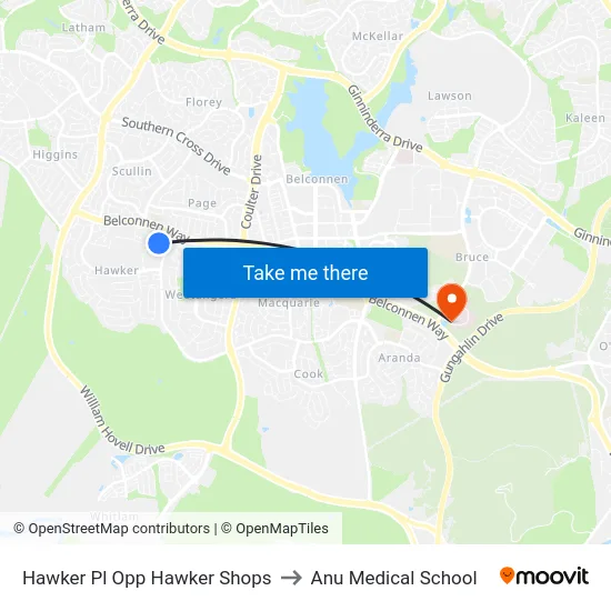 Hawker Pl Opp Hawker Shops to Anu Medical School map