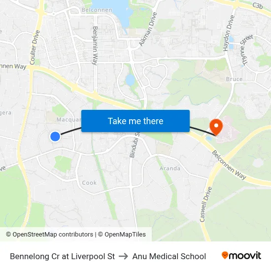 Bennelong Cr at Liverpool St to Anu Medical School map