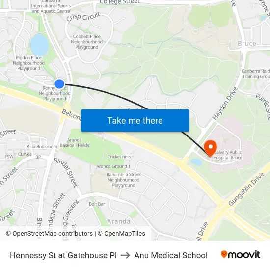 Hennessy St at Gatehouse Pl to Anu Medical School map