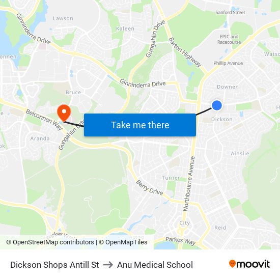 Dickson Shops Antill St to Anu Medical School map