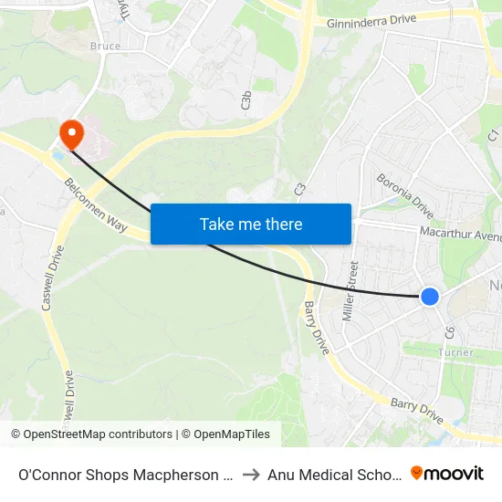 O'Connor Shops Macpherson St to Anu Medical School map