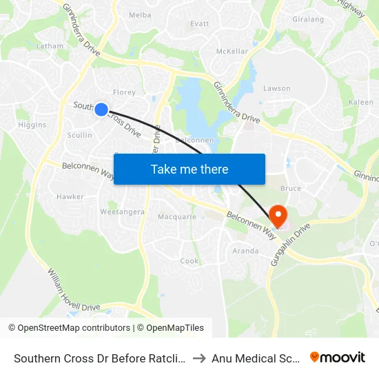 Southern Cross Dr Before Ratcliffe Cr to Anu Medical School map