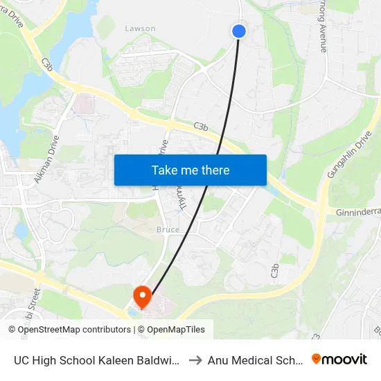UC High School Kaleen Baldwin Dr to Anu Medical School map