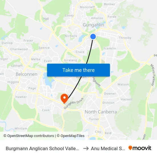 Burgmann Anglican School Valley Campus to Anu Medical School map