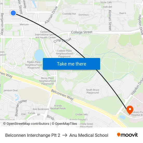 Belconnen Interchange Plt 2 to Anu Medical School map