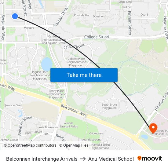 Belconnen Interchange Arrivals to Anu Medical School map