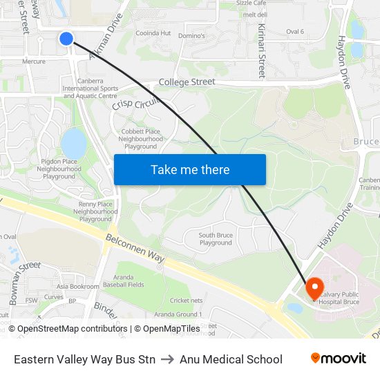 Eastern Valley Way Bus Stn to Anu Medical School map