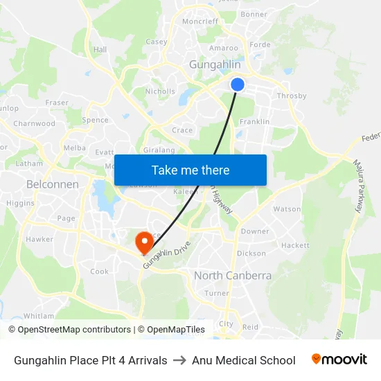 Gungahlin Place Plt 4 Arrivals to Anu Medical School map