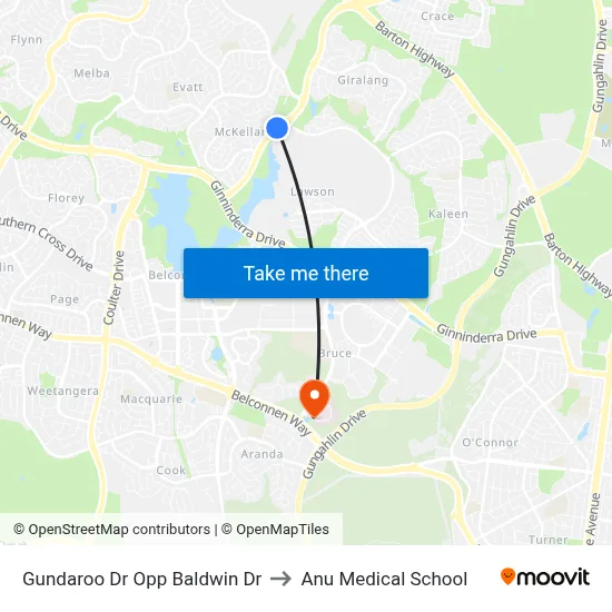 Gundaroo Dr Opp Baldwin Dr to Anu Medical School map