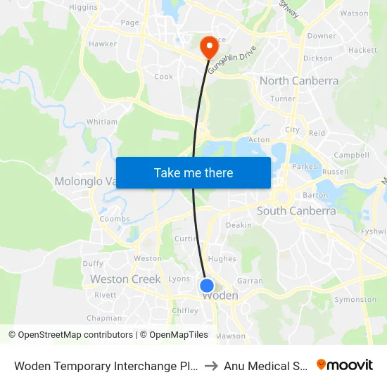 Woden Temporary Interchange Plt 3 Arrive to Anu Medical School map
