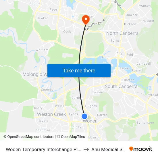 Woden Temporary Interchange Plt 4 Arrive to Anu Medical School map