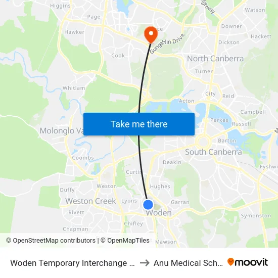 Woden Temporary Interchange Plt 5 to Anu Medical School map