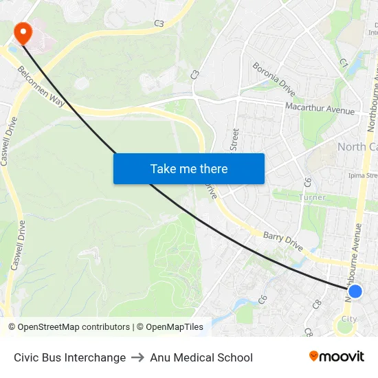 Civic Bus Interchange to Anu Medical School map
