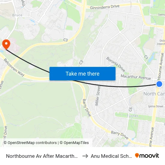 Northbourne Av After Macarthur Av to Anu Medical School map