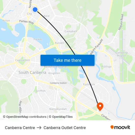 Canberra Centre to Canberra Outlet Centre map