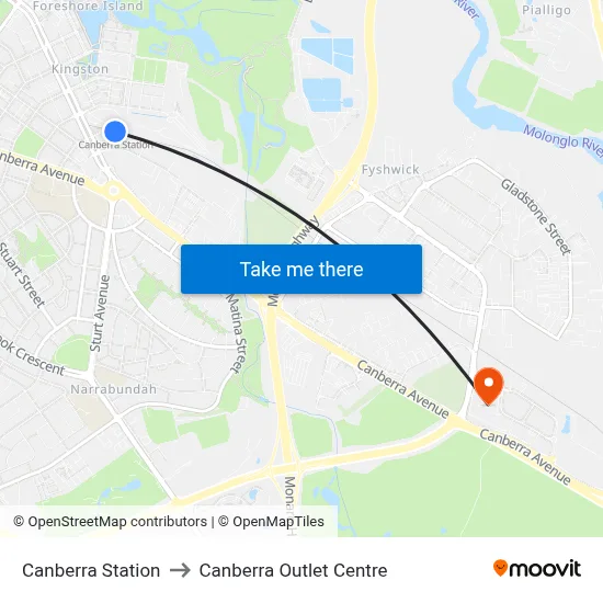 Canberra Station to Canberra Outlet Centre map