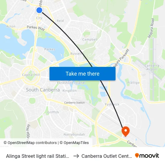 Alinga Street light rail Station to Canberra Outlet Centre map