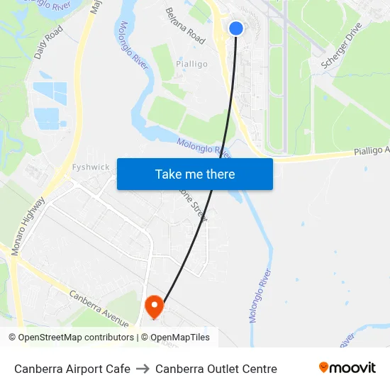 Canberra Airport Cafe to Canberra Outlet Centre map