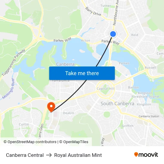 Canberra Central to Royal Australian Mint map