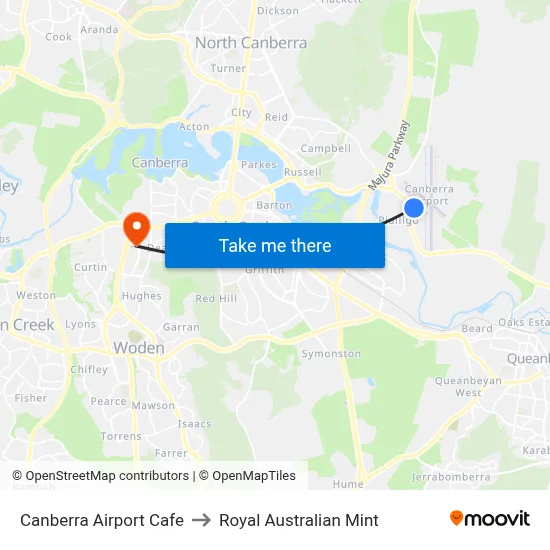 Canberra Airport Cafe to Royal Australian Mint map