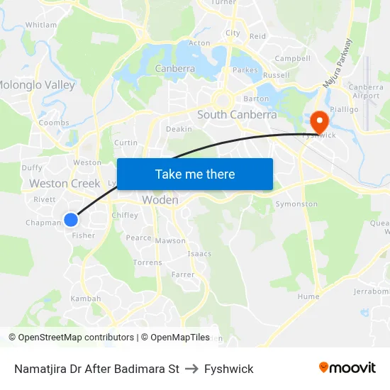 Namatjira Dr After Badimara St to Fyshwick map