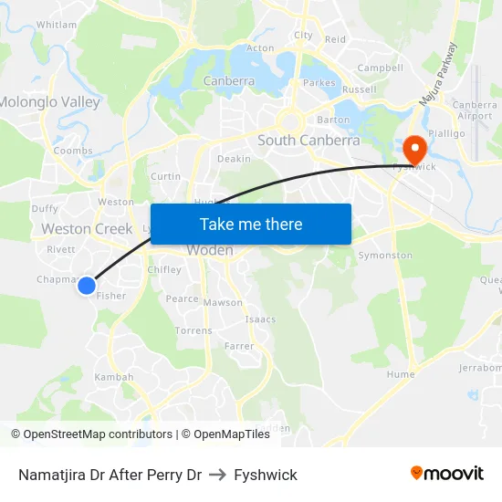 Namatjira Dr After Perry Dr to Fyshwick map