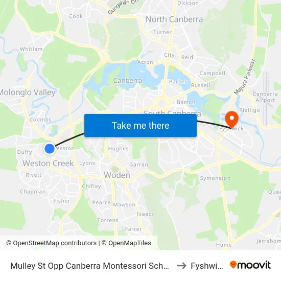 Mulley St Opp Canberra Montessori School to Fyshwick map