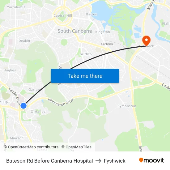 Bateson Rd Before Canberra Hospital to Fyshwick map